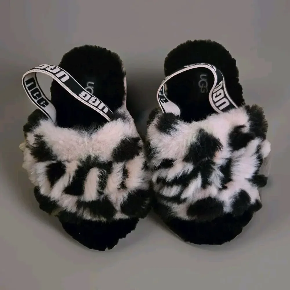 UGG‎ FLUFF YEAH SLIDES PINK/BLACK SCALLOP TODDLER GIRL SIZE 9C